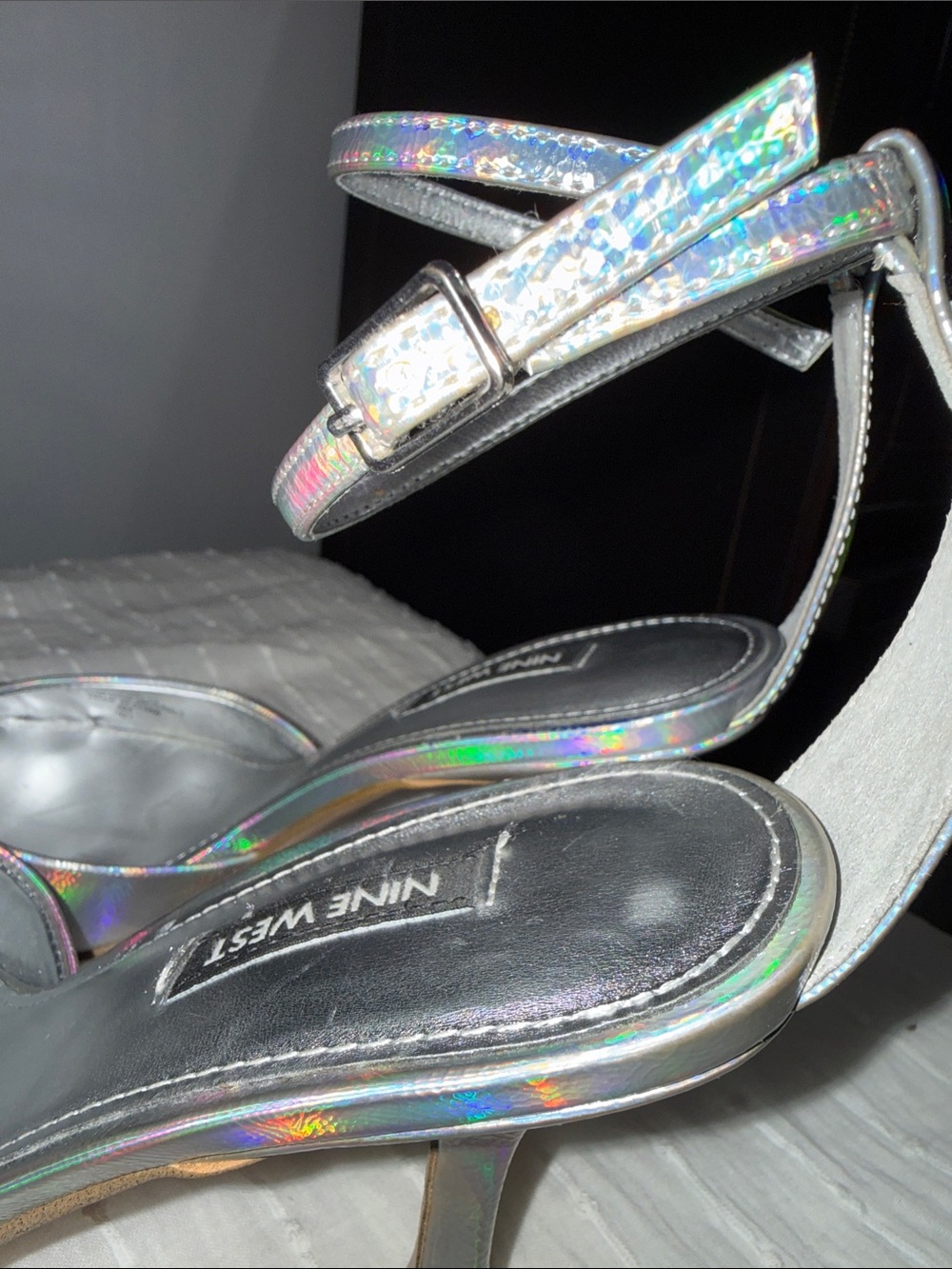 Nine West Holographic Silver Pointed-Toe Ankle-Strap Heels - Picture 6 of 11